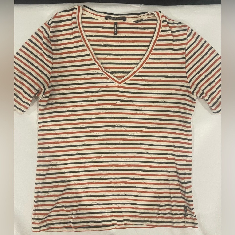 Socth & Soda Striped V-Neck Top t-shirt medium orange and black short sleeves - Picture 2 of 6